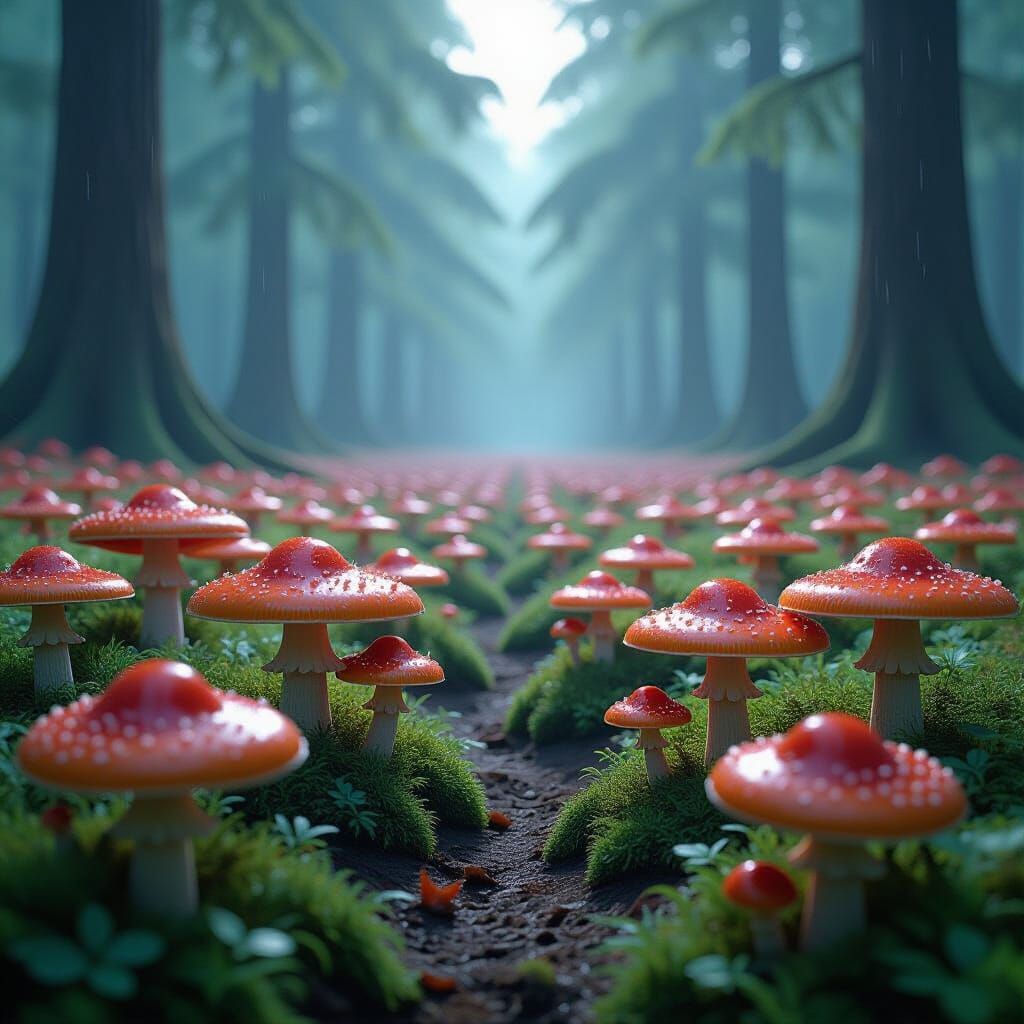 Vast Field of Giant Red Mushrooms After Rain