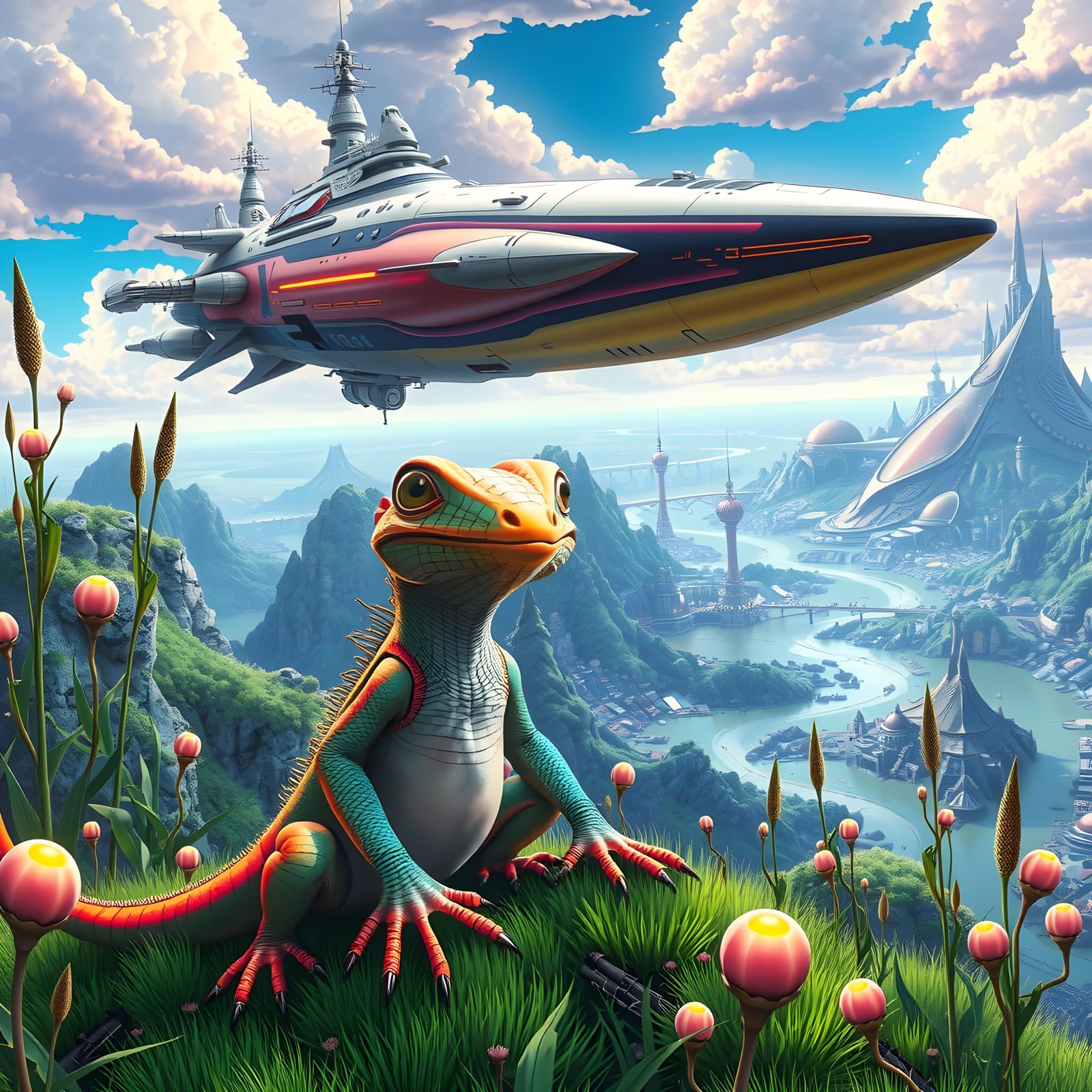 Biomechanical Mothership Meets Alien Reptile in Vibrant Land...