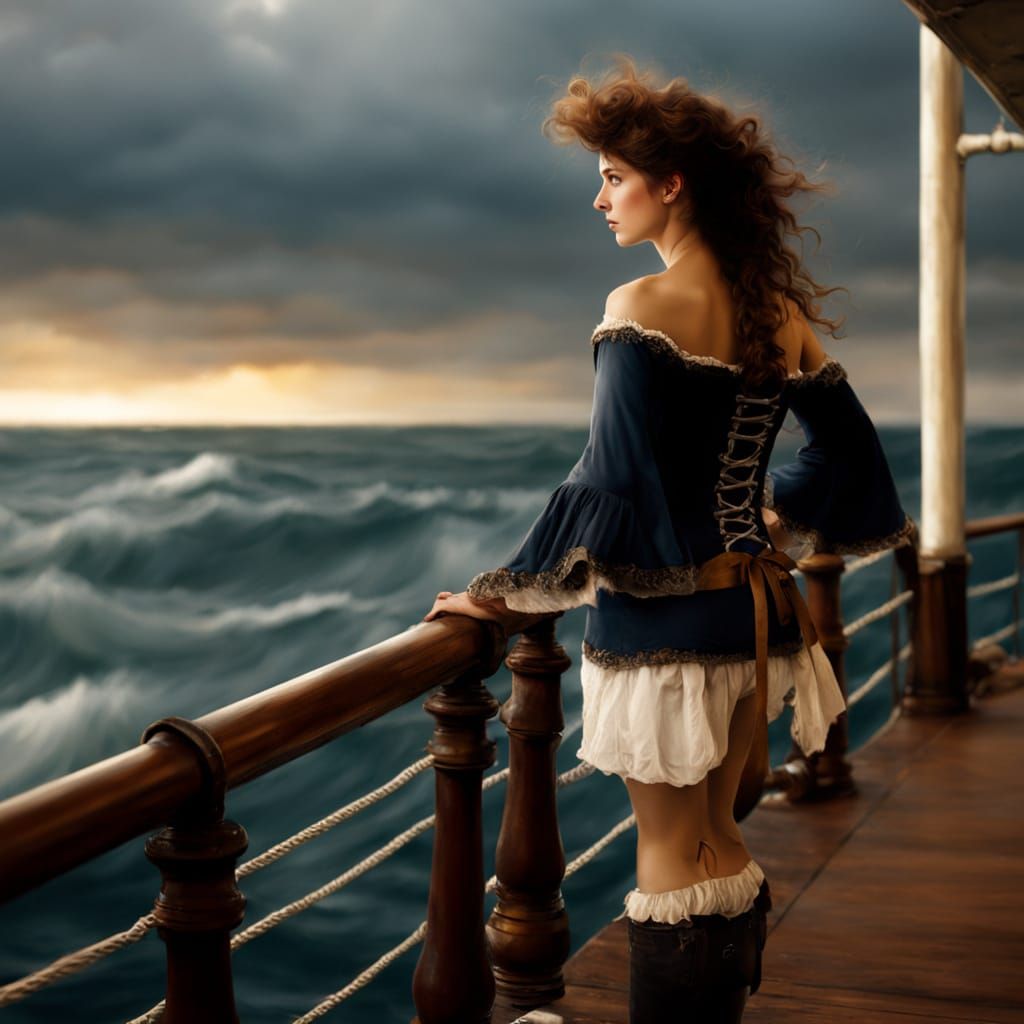 Woman Gazes at Turbulent Sea on Ship Deck in Romantic Style