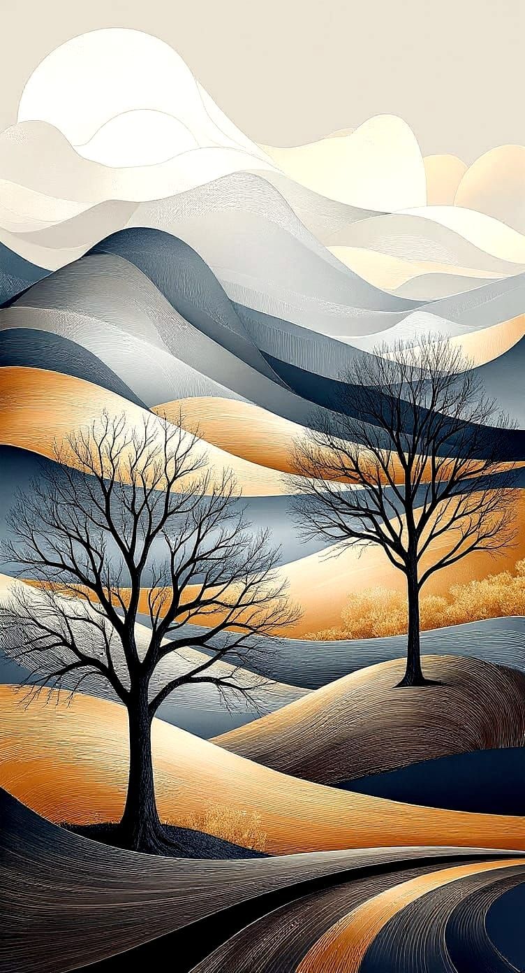 Surreal Landscape with Abstract Textures and Bare Trees
