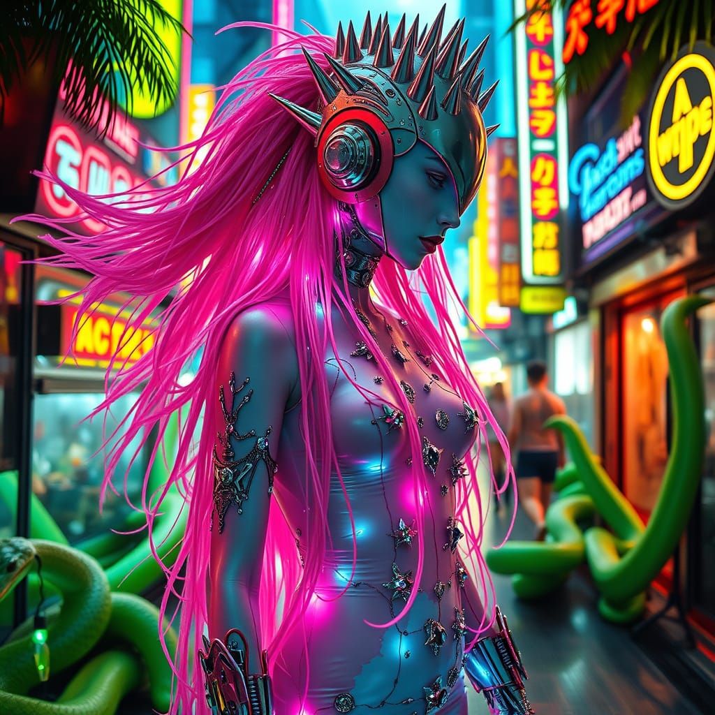 Cyborg Goddess with Neon Hair in Cyberpunk City
