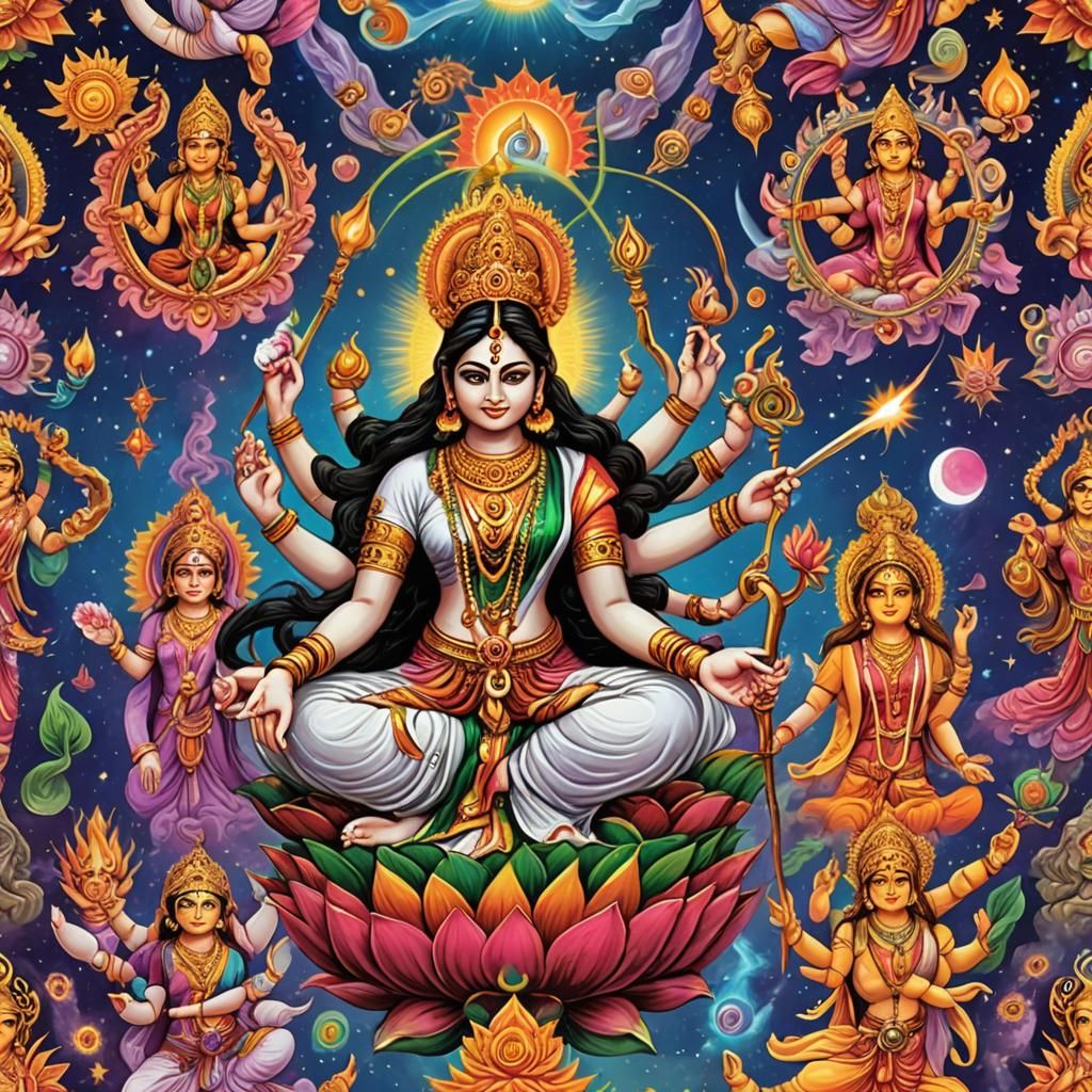 Hindu Goddesses Cosmic Dance: Detailed Matte Painting