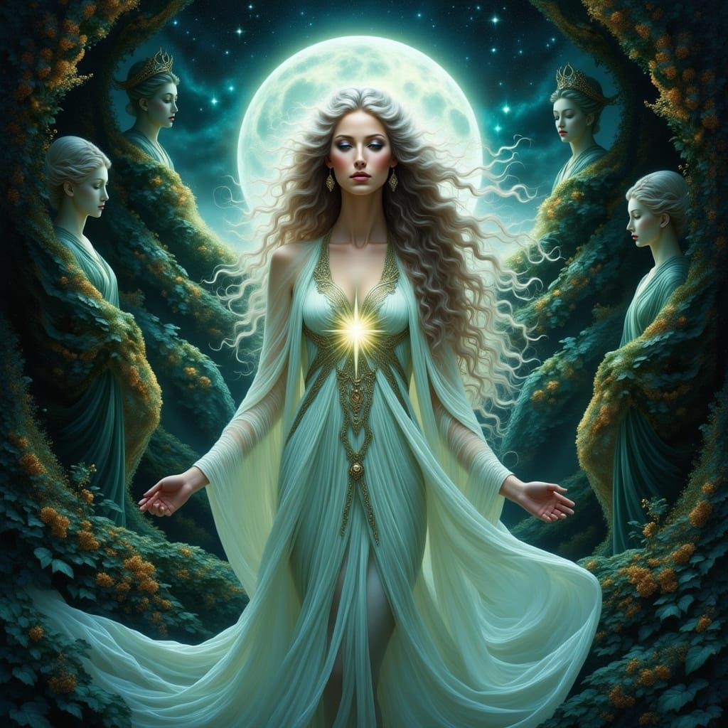 Ethereal Goddess in Moonlit Stardust Garden