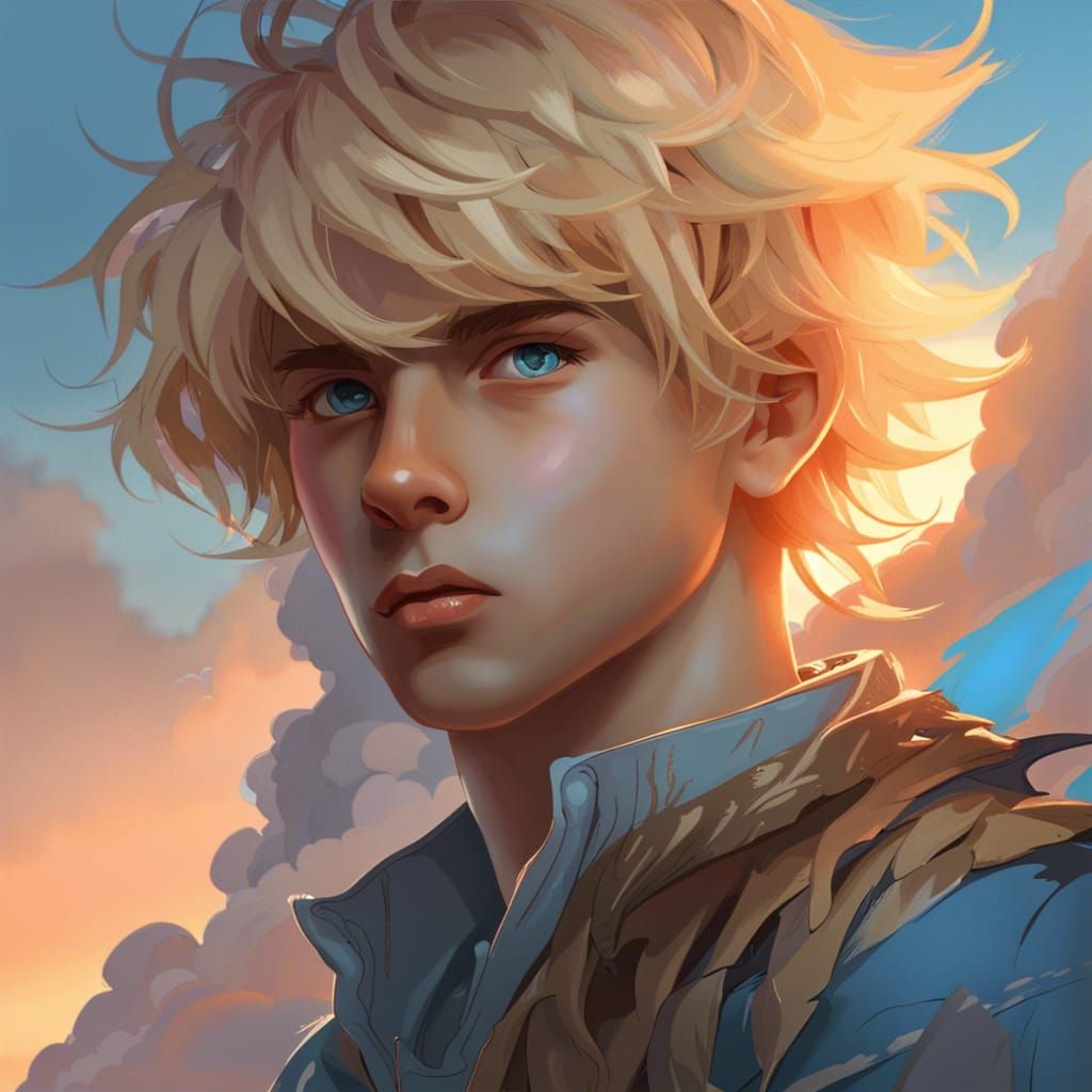 Boy with Blond Hair and Blue Eyes at Sunset