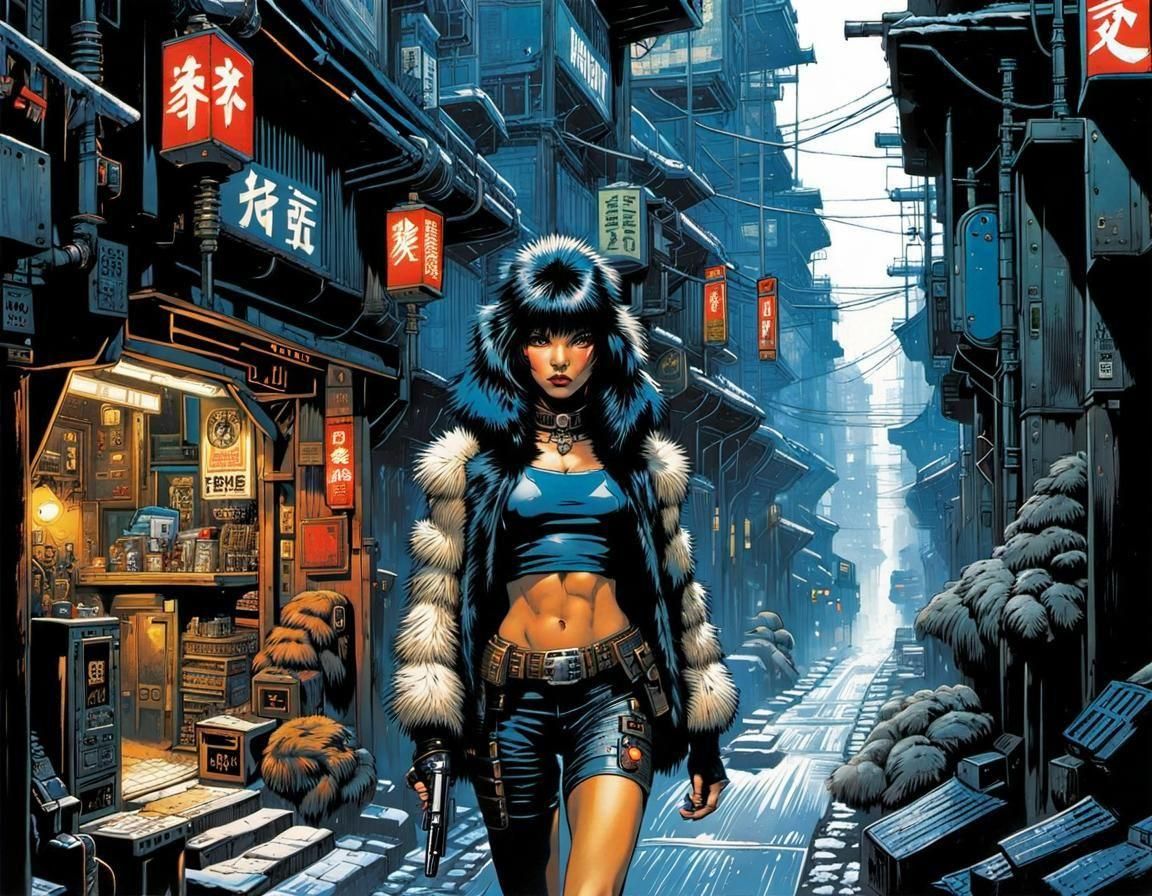 Cavewoman in Cyberpunk Alley: Pulp Art Style