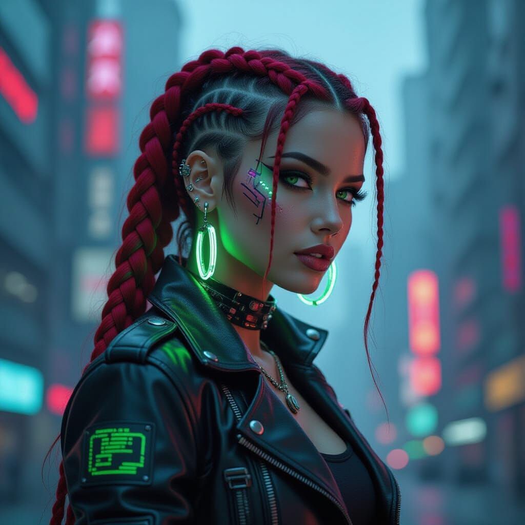 Cyberpunk Woman with Neon Piercings in Futuristic City