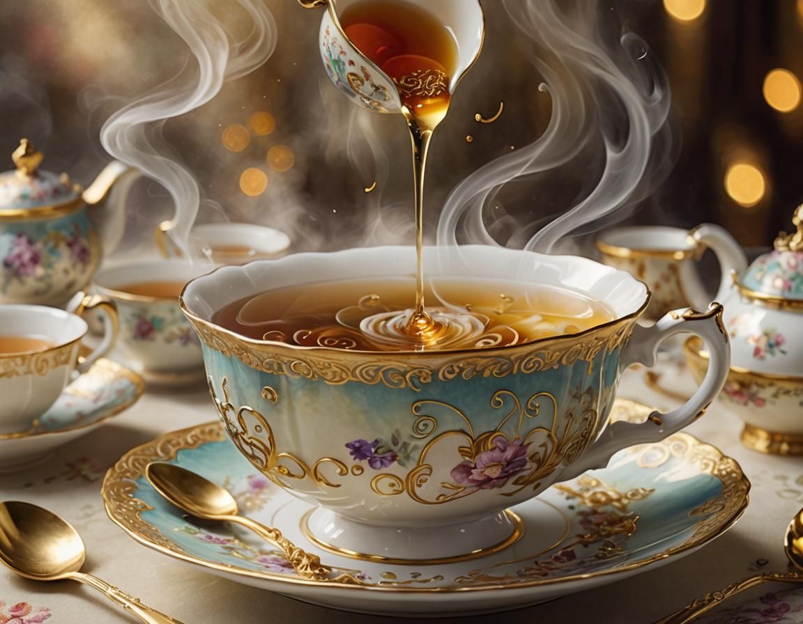 Ethereal Tea Storm in Dreamy, Ornate Setting