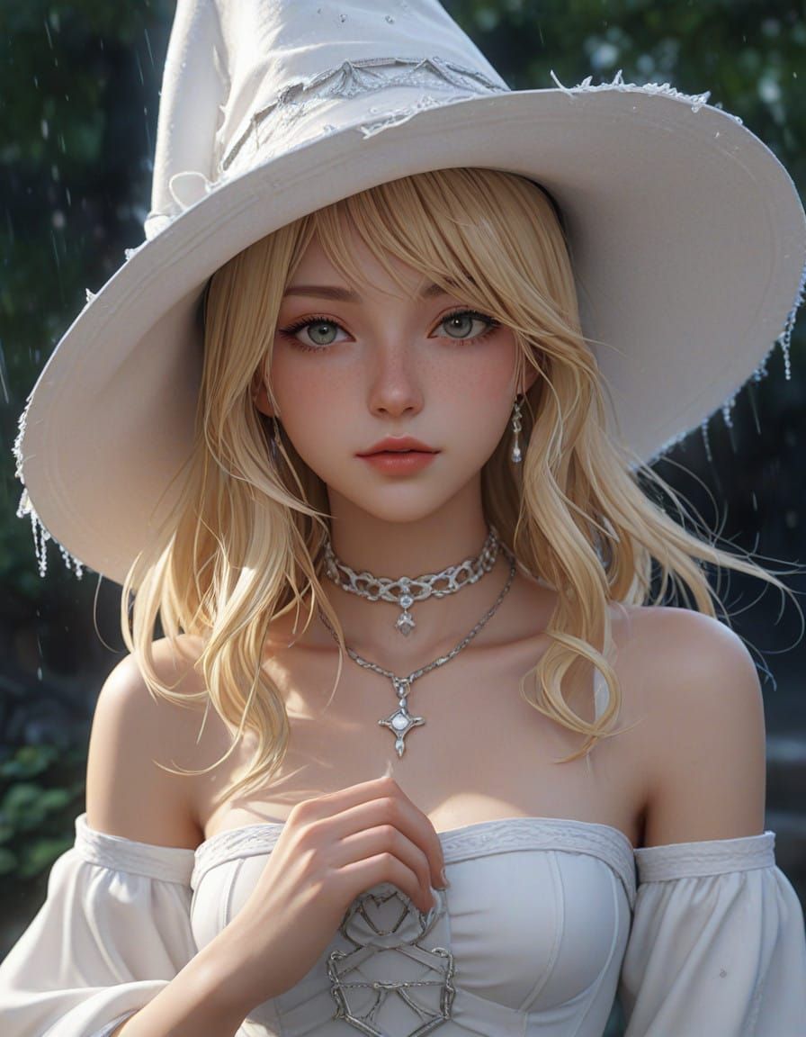 Glowing Young Witch in Rainy Midnight Scene