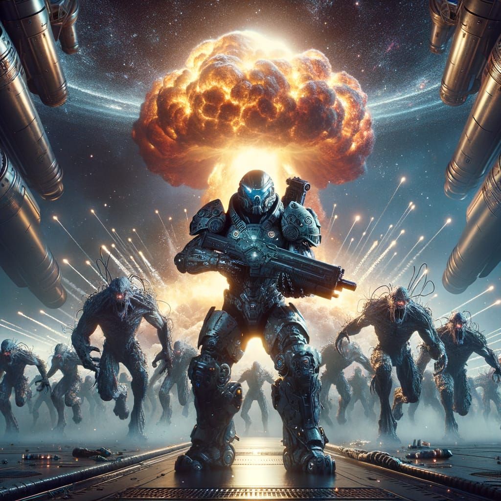 Futuristic Warrior's Last Stand Against Alien Horde