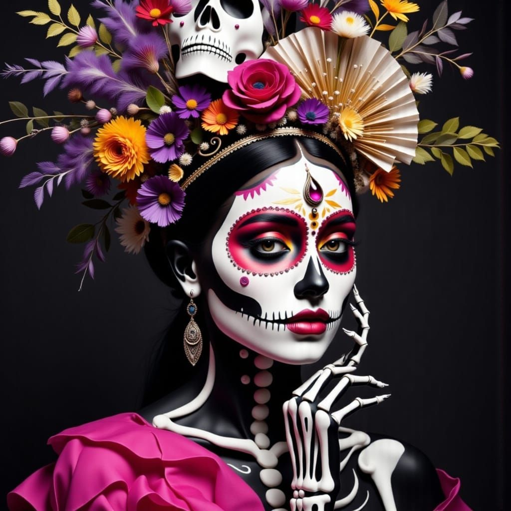 Woman in Dia de los Muertos Sugar Skull Makeup and Flower Cr...