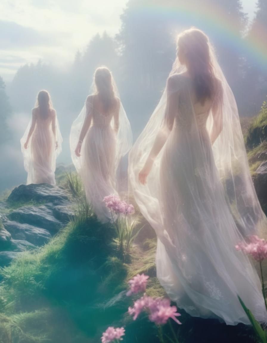 Ethereal Fairies Disappearing into Misty Landscape