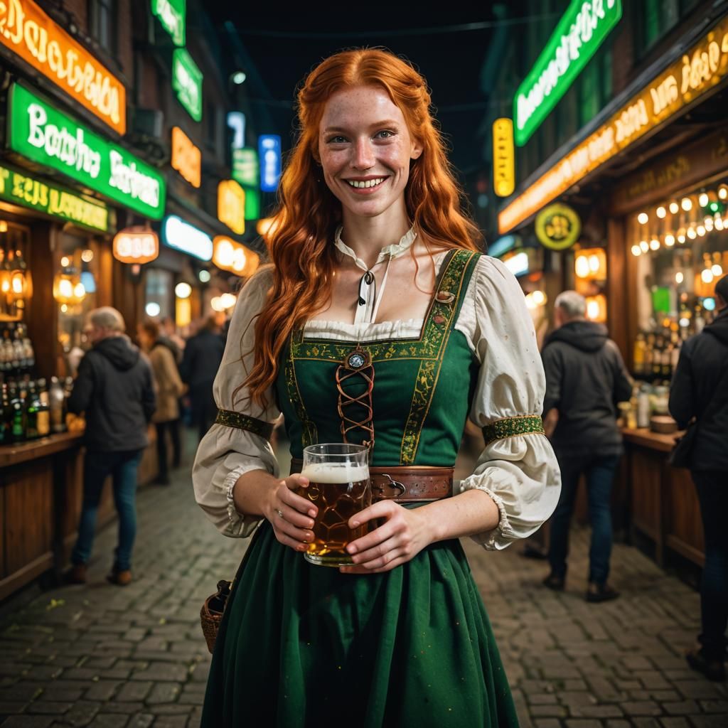 Redhead in Bavarian Dress with Neon Lighting