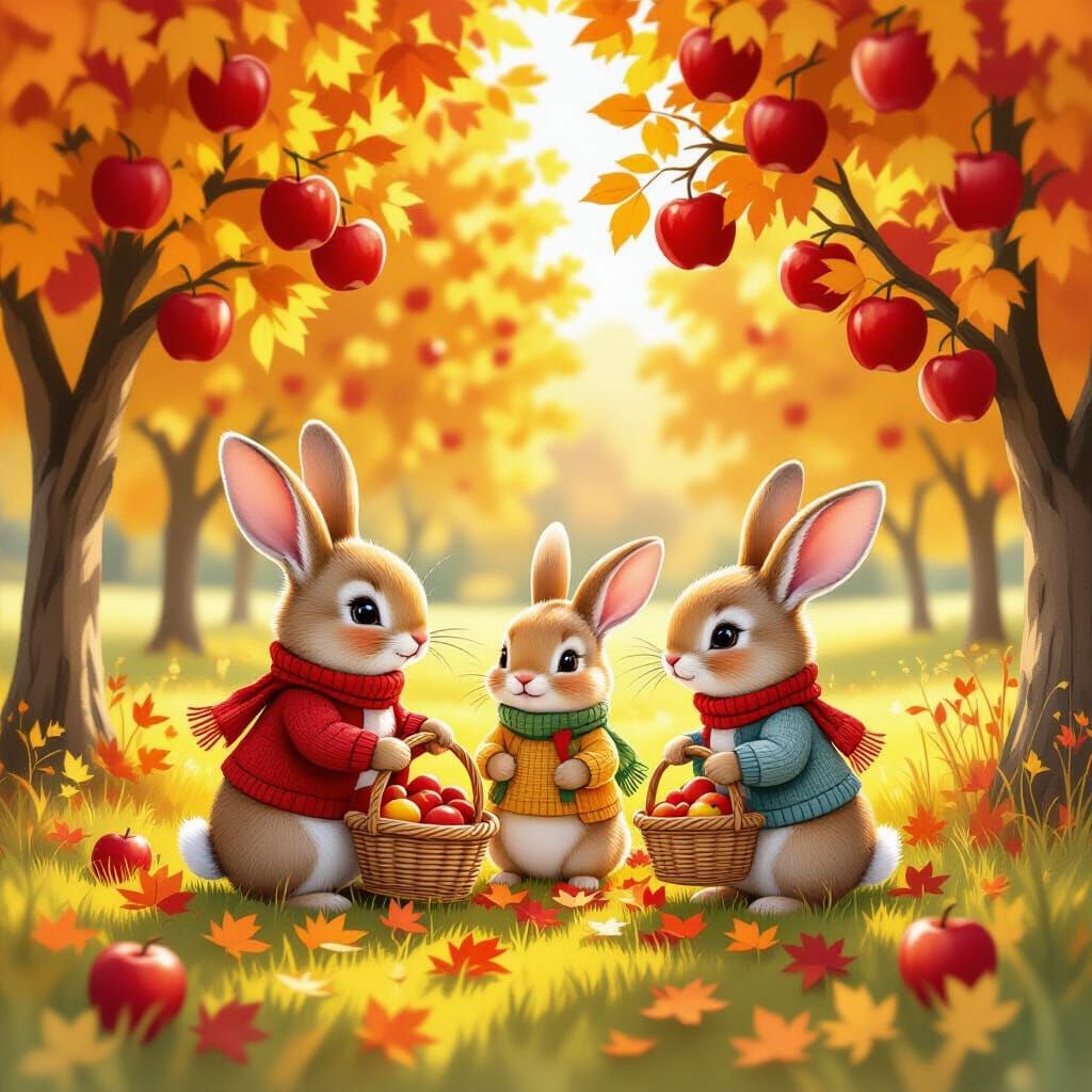 Rabbit Family Gathers Apples in Autumn Orchard