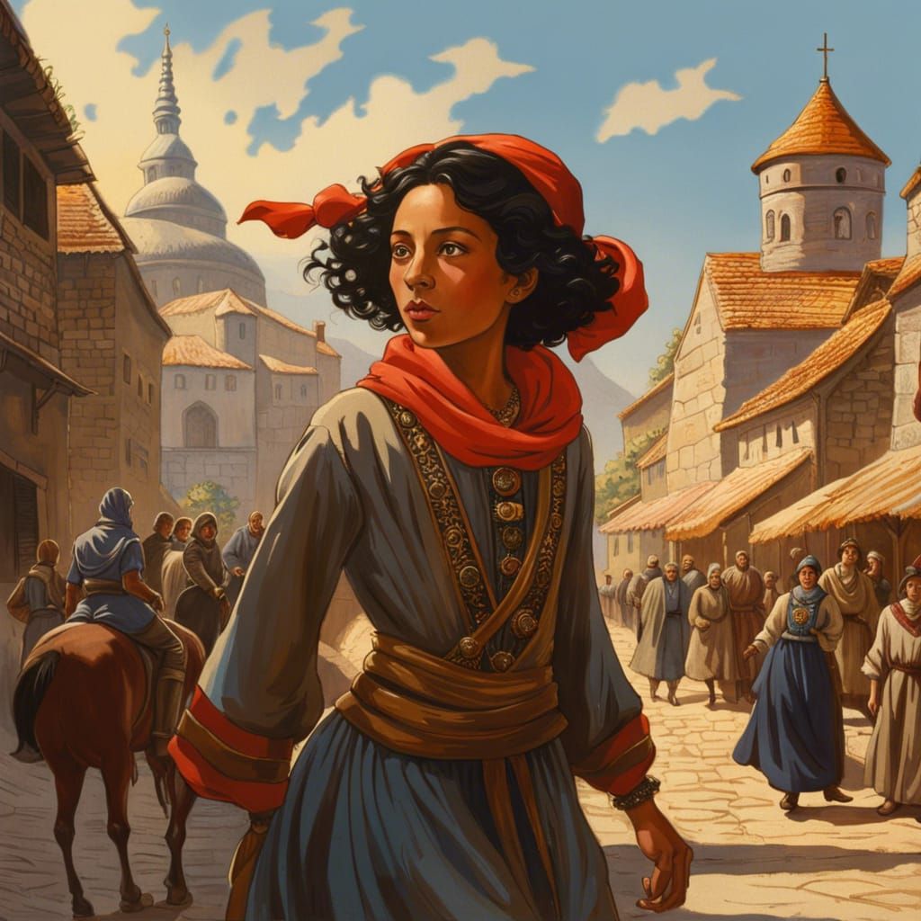 Orphan's Escape: Medieval Marketplace Chase in Anime Style