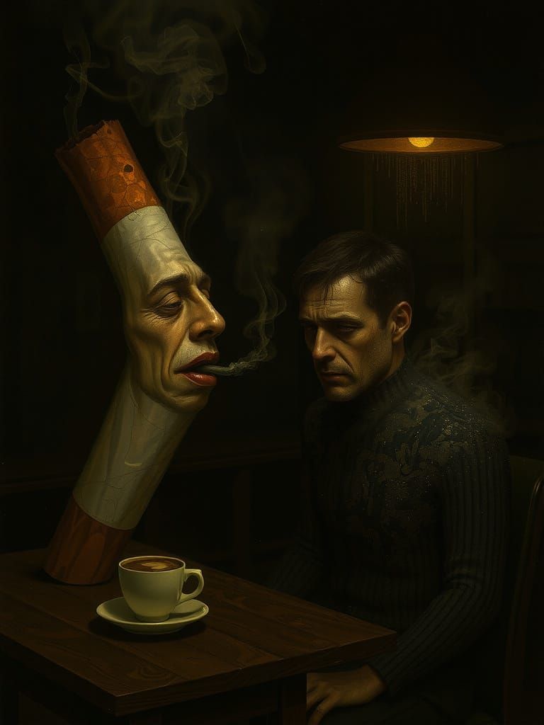 Man Crumbling to Ashes as Giant Cigarette Smokes Him