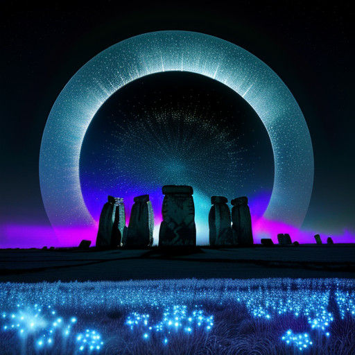 Surrealistic Cyberpunk Winter Scene at Stonehenge with Glowi...