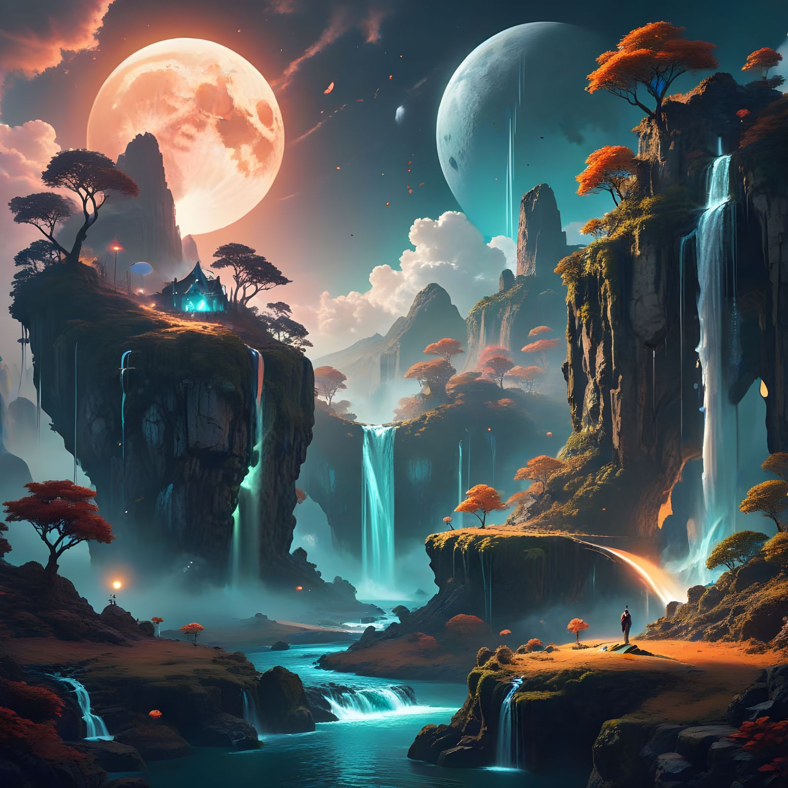 Dreamlike Floating Islands Under a Glowing Moon