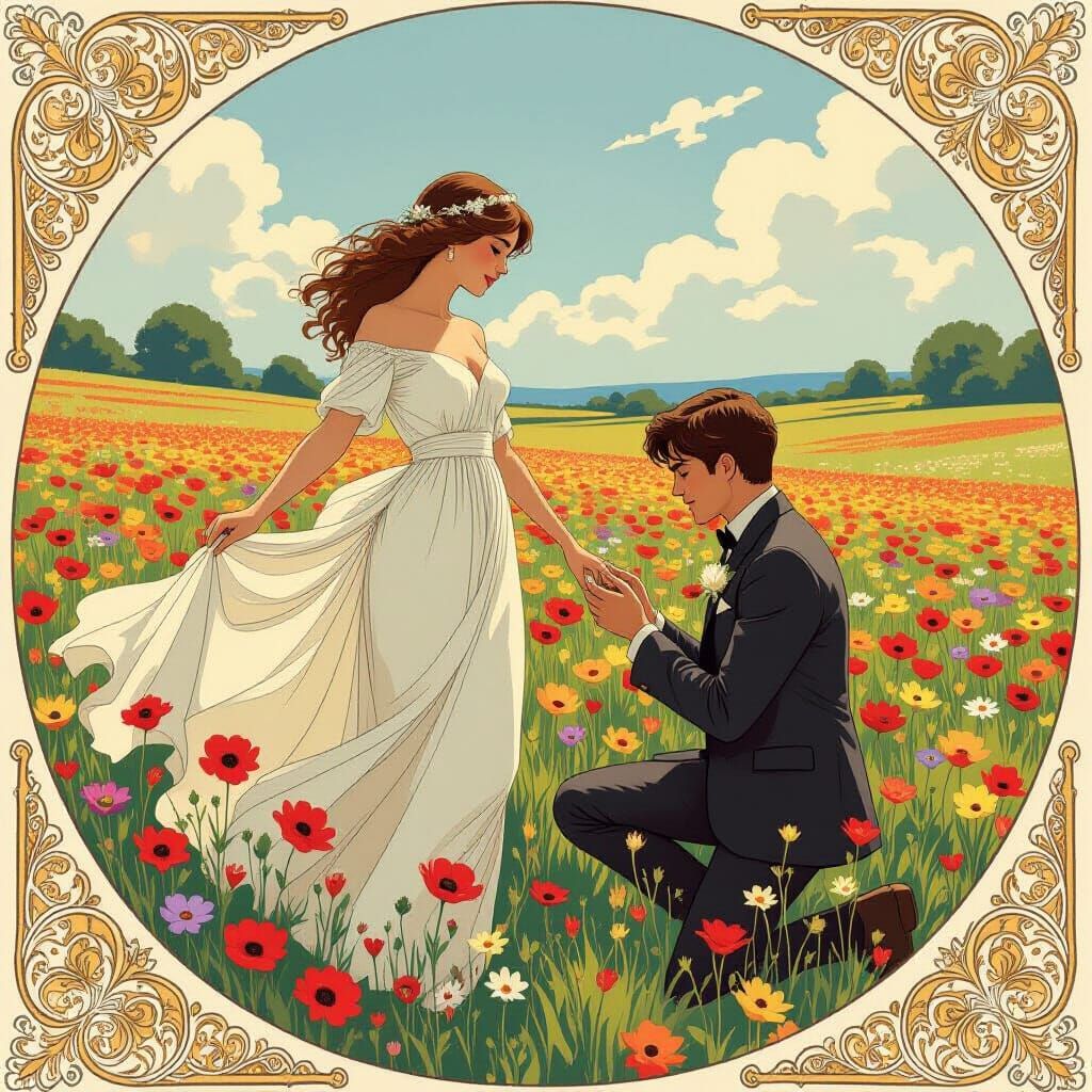 Romantic Proposal in Flower Field, Art Nouveau Style