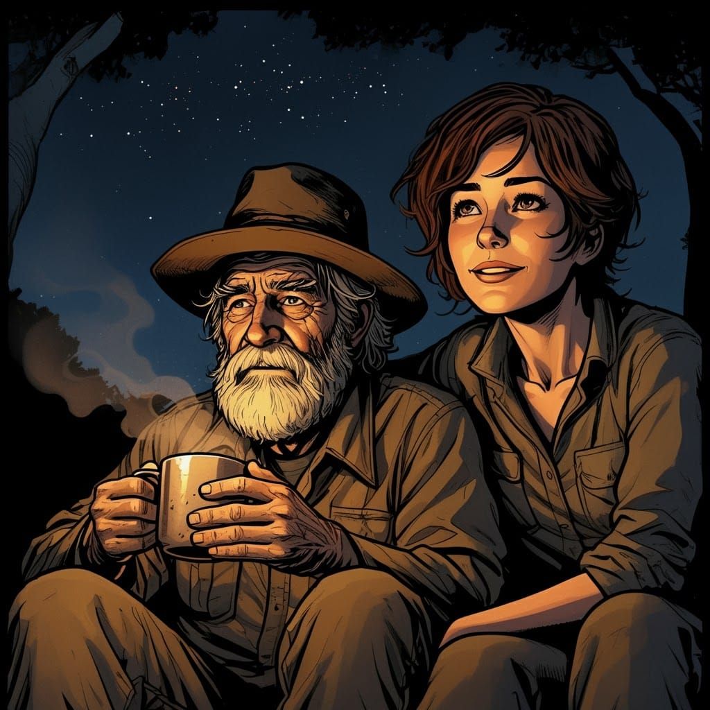 Geologist Campfire Scene in Comic Book Style