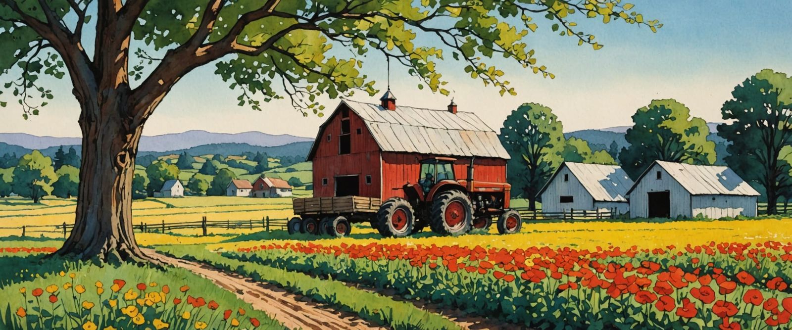 Quaint Red Barn with Flower Fields in Comic Style
