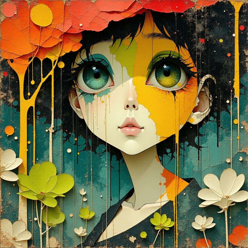 Cute Lady Portrait With Double Exposure in Pop Surrealism St...