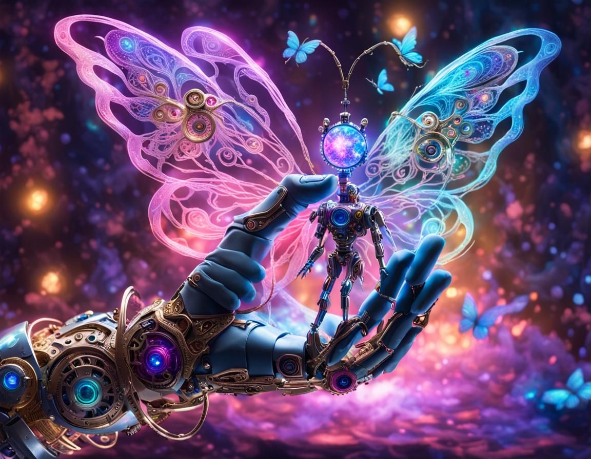 Robotic Hand Holding Ethereal Fairy in Cyberpunk Style