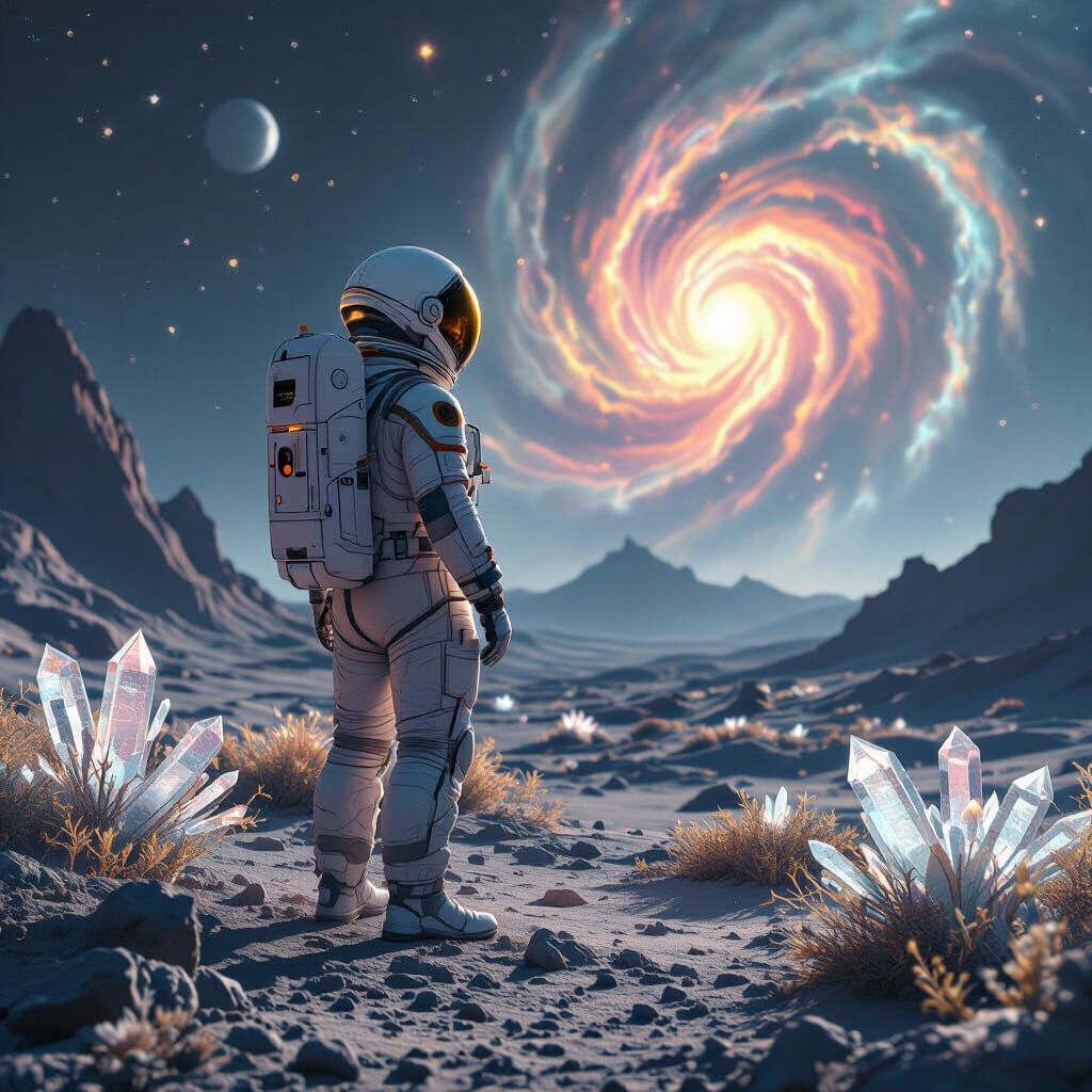 Astronaut on Alien Planet Gazing at Nebula