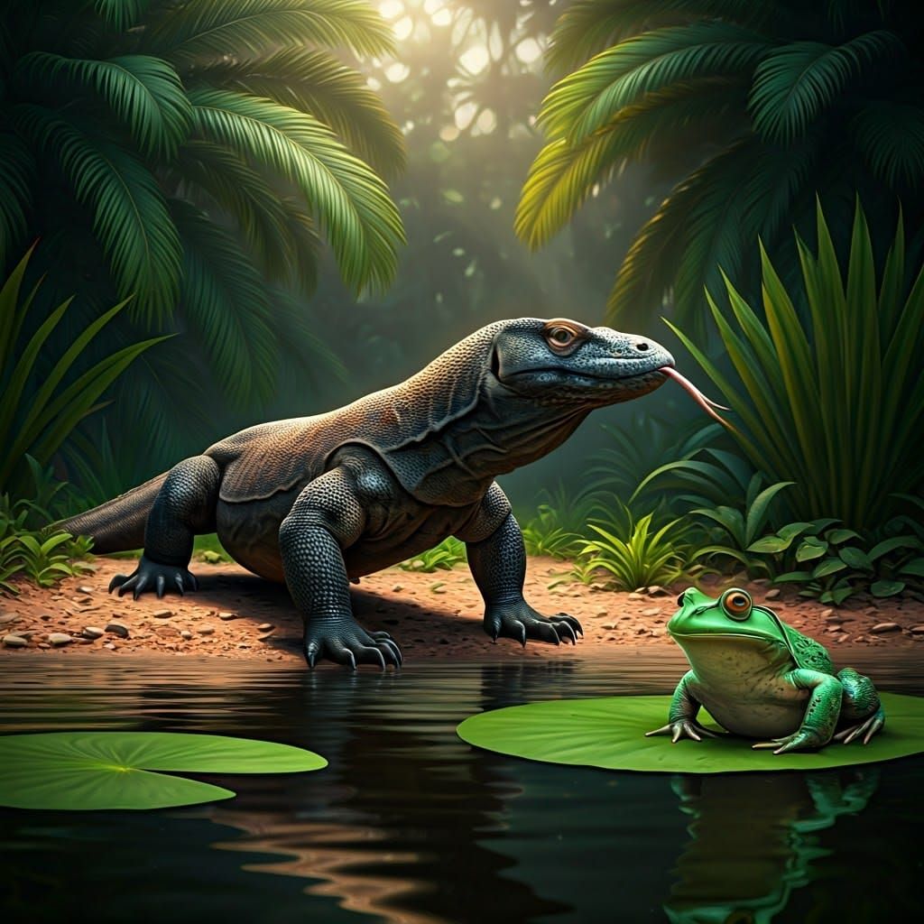 Serene Island Landscape with Komodo Dragon and Bullfrog, in....