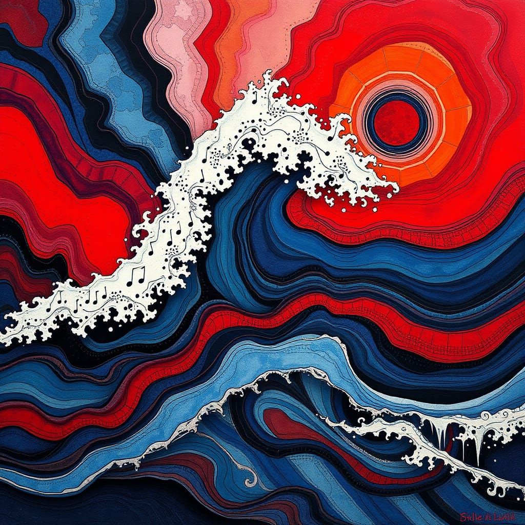 Vibrant Crimson Wave with Kandinsky-Inspired Geometries