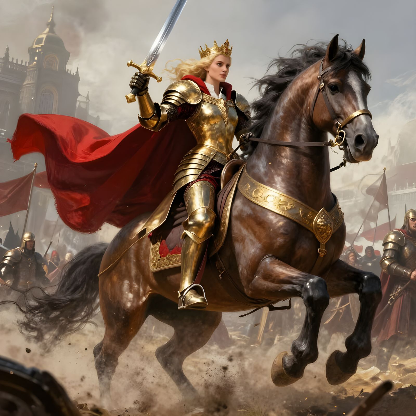 Regal Queen on Armored Horse in Warzone Fantasy Art