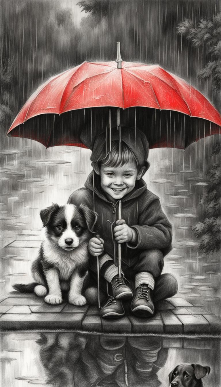 B&W Happy child sitting under a “red umbrella” in the rain next to wet B&W puppy