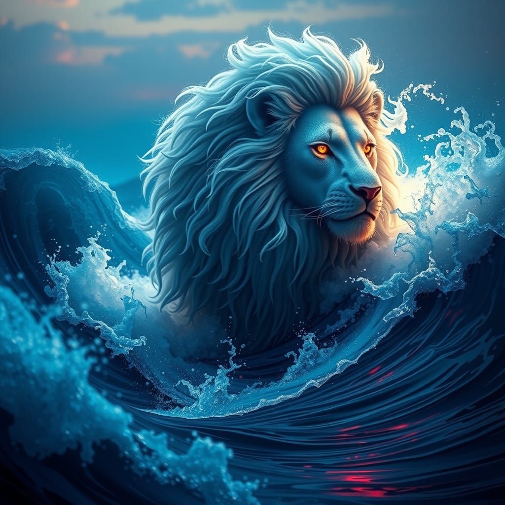 Majestic Lion Emerges from Crashing Ocean Waves