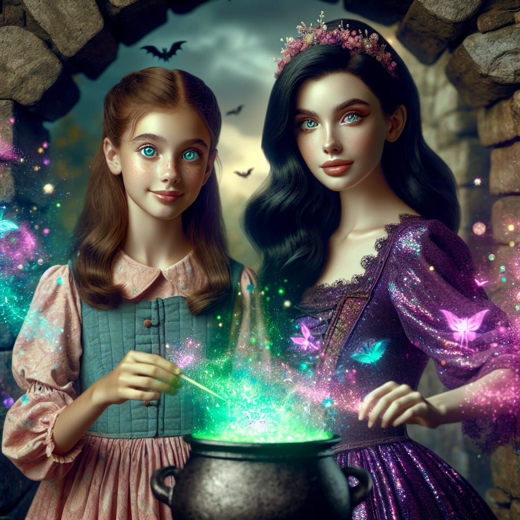 Witches Brewing Potion in Castle, Digital Art