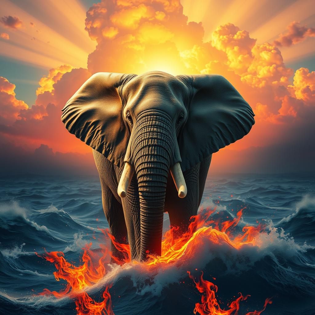 Majestic Elephant Amidst Fiery Ocean
