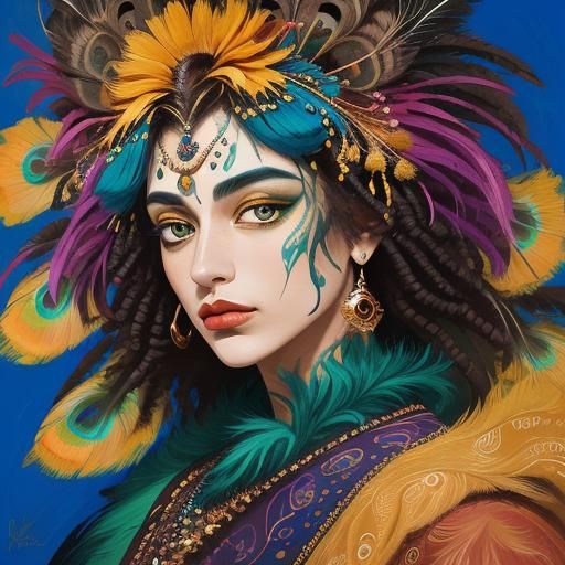 Peacock Woman Portrait in Abstract Expressionism Style