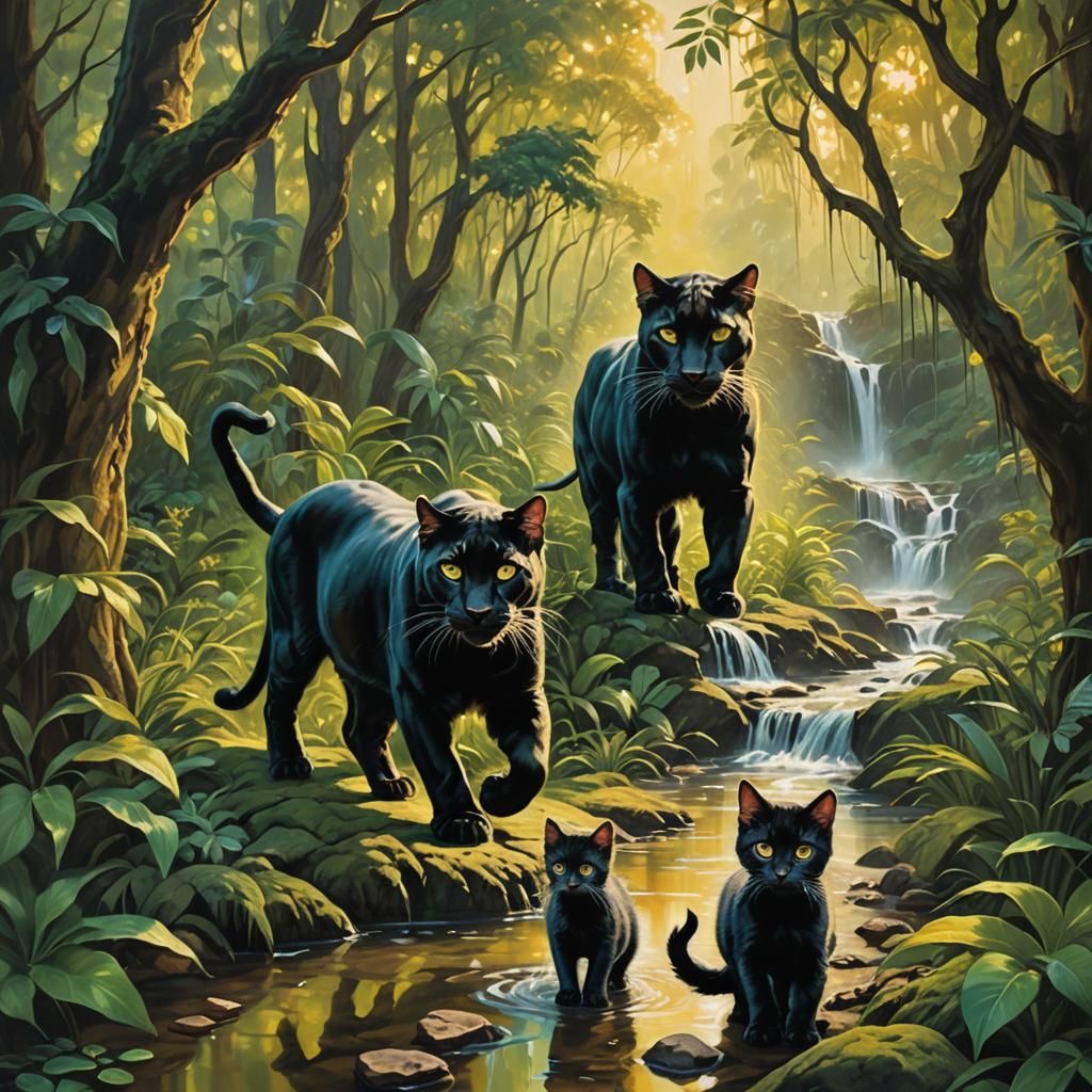 Panther Family in Surrealist Forest Oil Painting