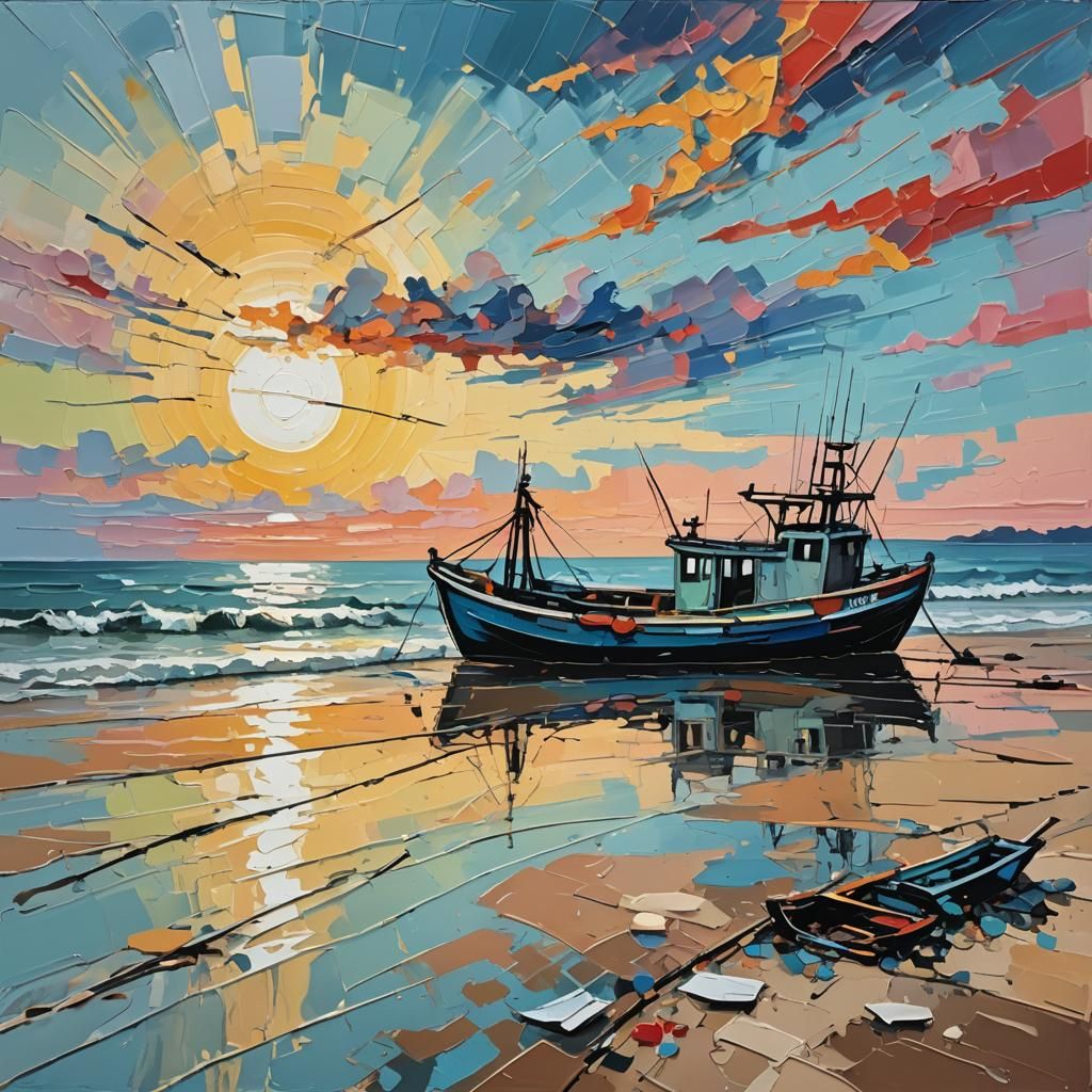 Neo-Expressionist Beach with Fishing Boat at Sunrise