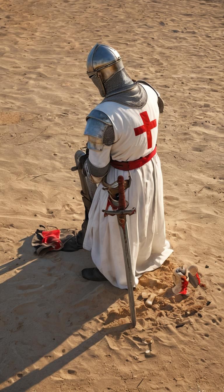 A Templar knight kneeling in prayer before battle in the Hol...