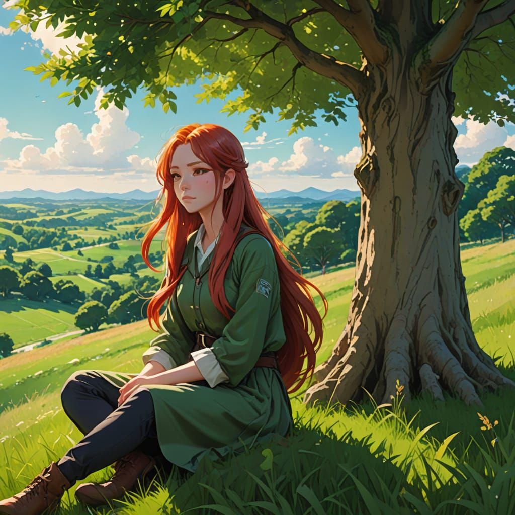 Anime Girl Portrait on Green Hill in Sunlight