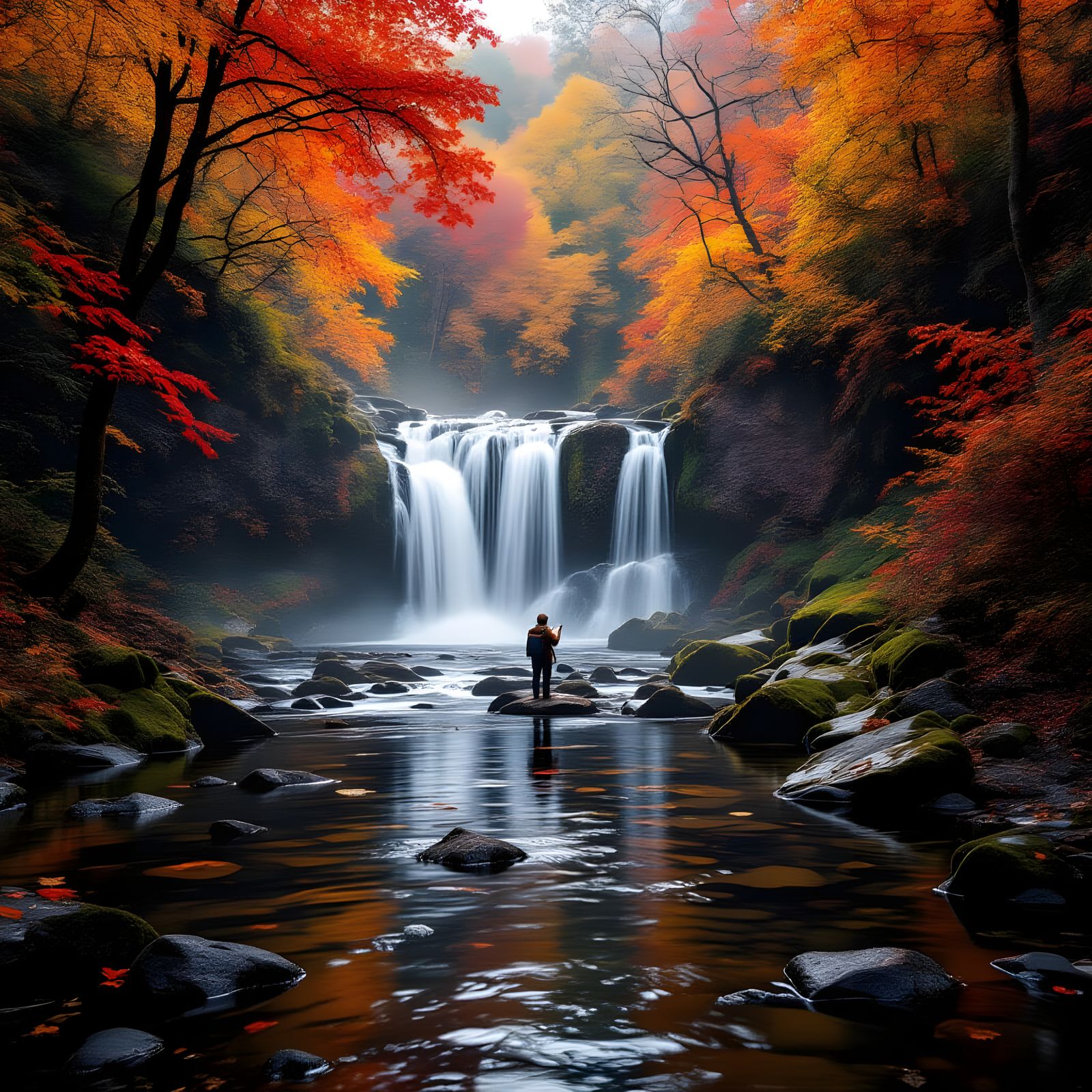 Majestic Autumn Waterfalls in Golden Forest Light
