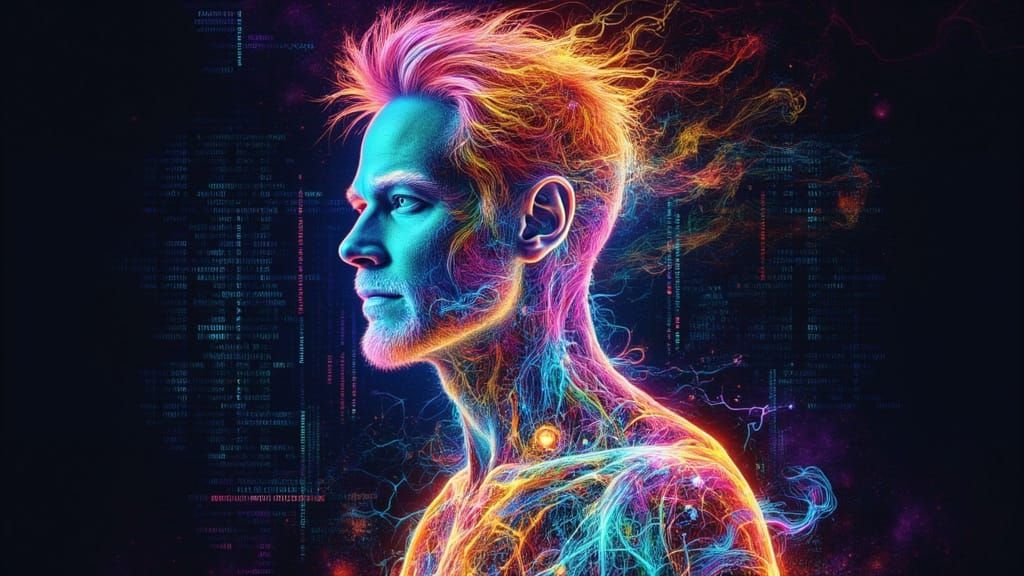 Surreal X-Ray Portrait with Rainbow Landscape