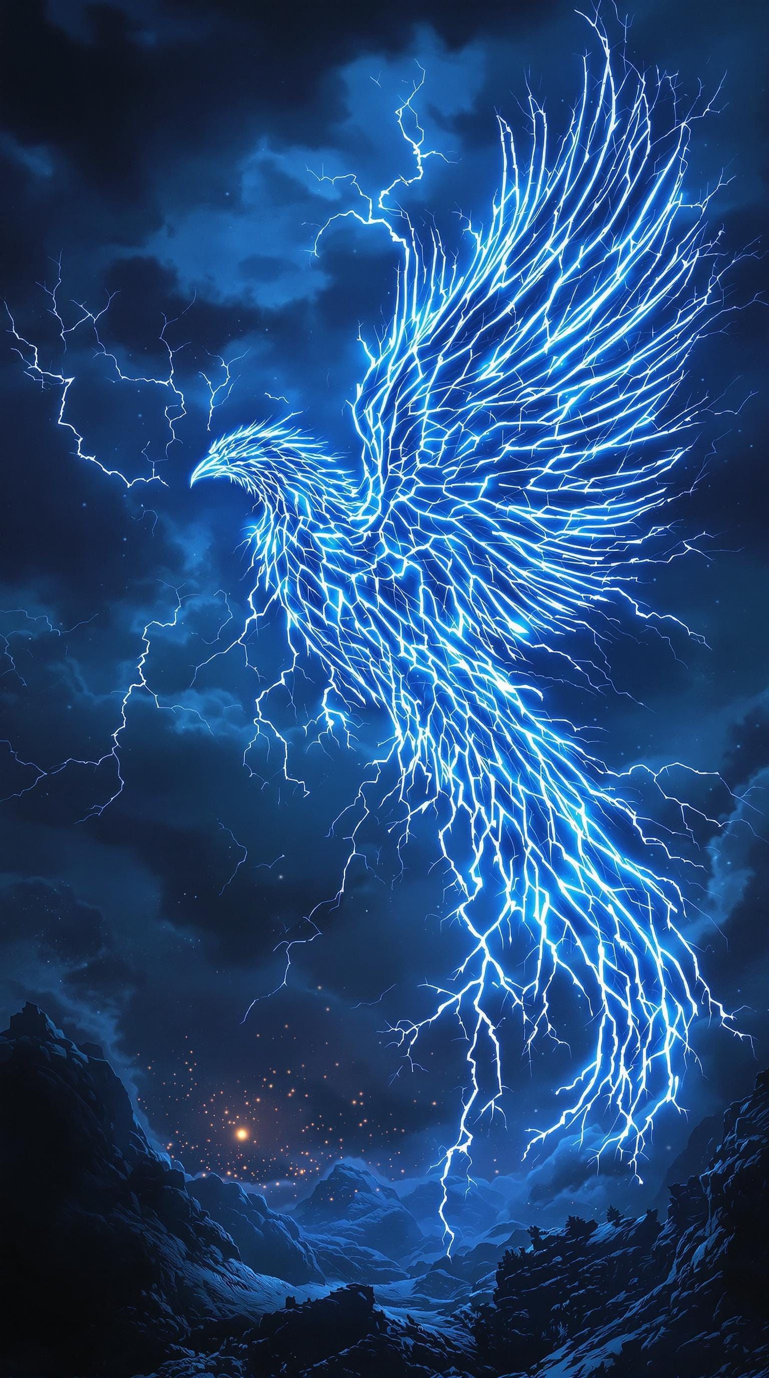 Electric Blue Avian Form amidst Turbulent Thunderstorm