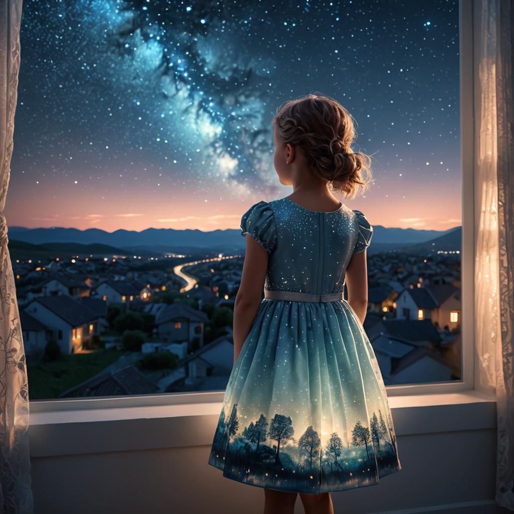 Girl Gazing at Fantastical Noctilucent Landscape