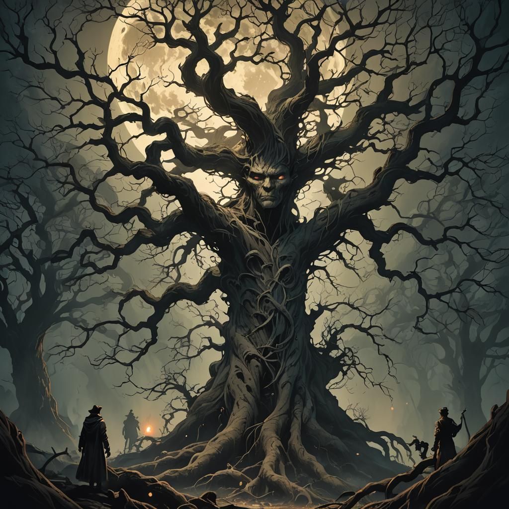 Eerie Figure Under Gnarled Tree in Art Nouveau Style