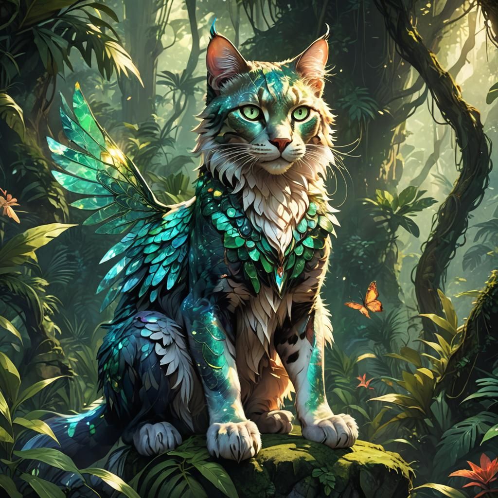Winged Cat Perched in Crystalline Jungle