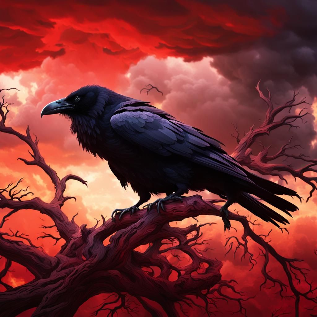 Raven in Blood Red Sky: Cinematic Matte Painting