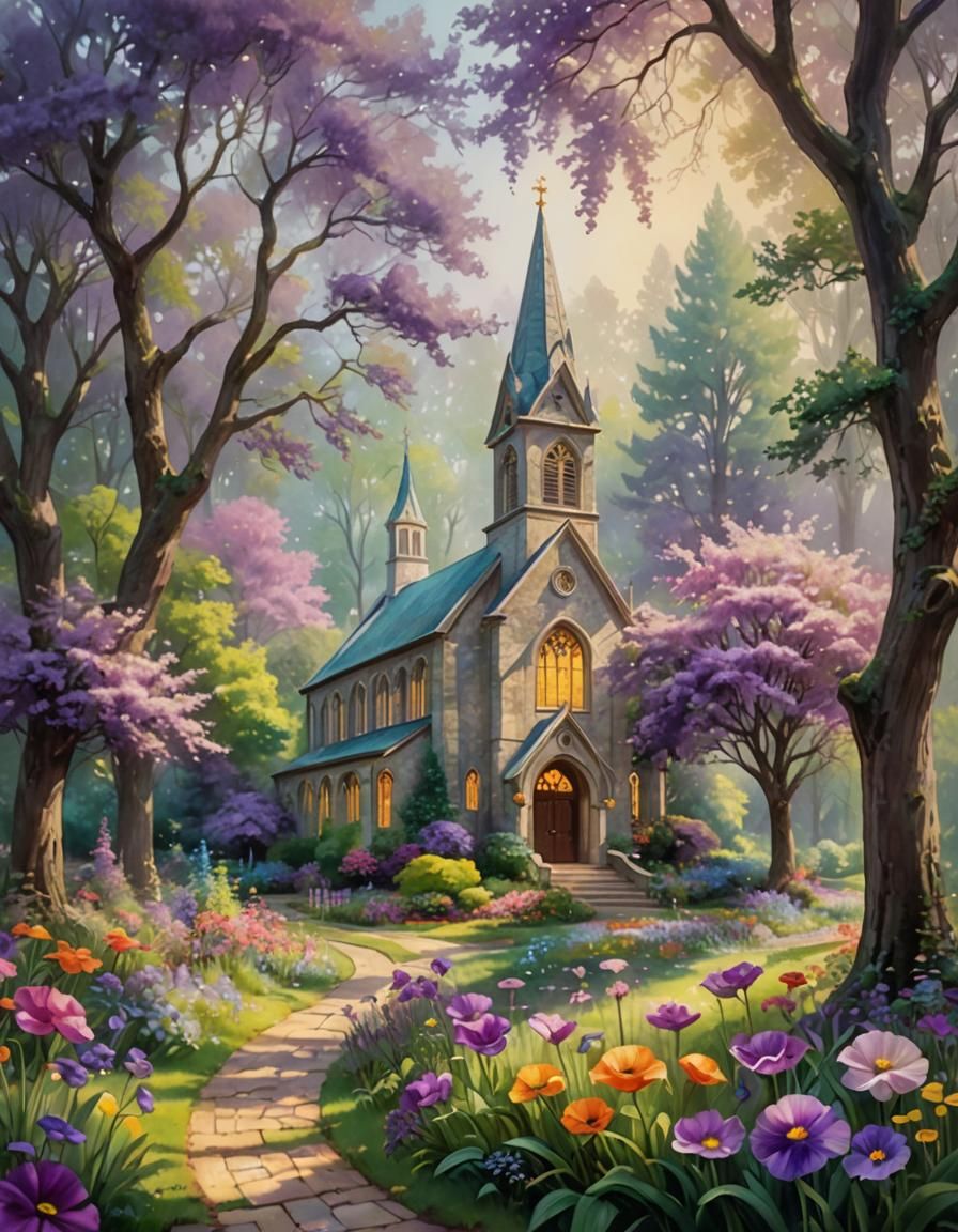 Impressionistic Country Church with Persian Buttercup Flower