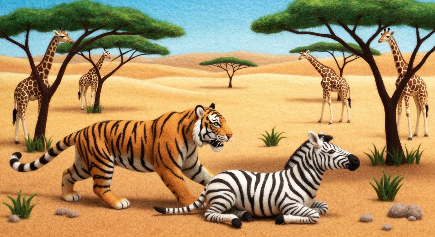 Felt Tiger Hunting Zebra in African Desert Scene