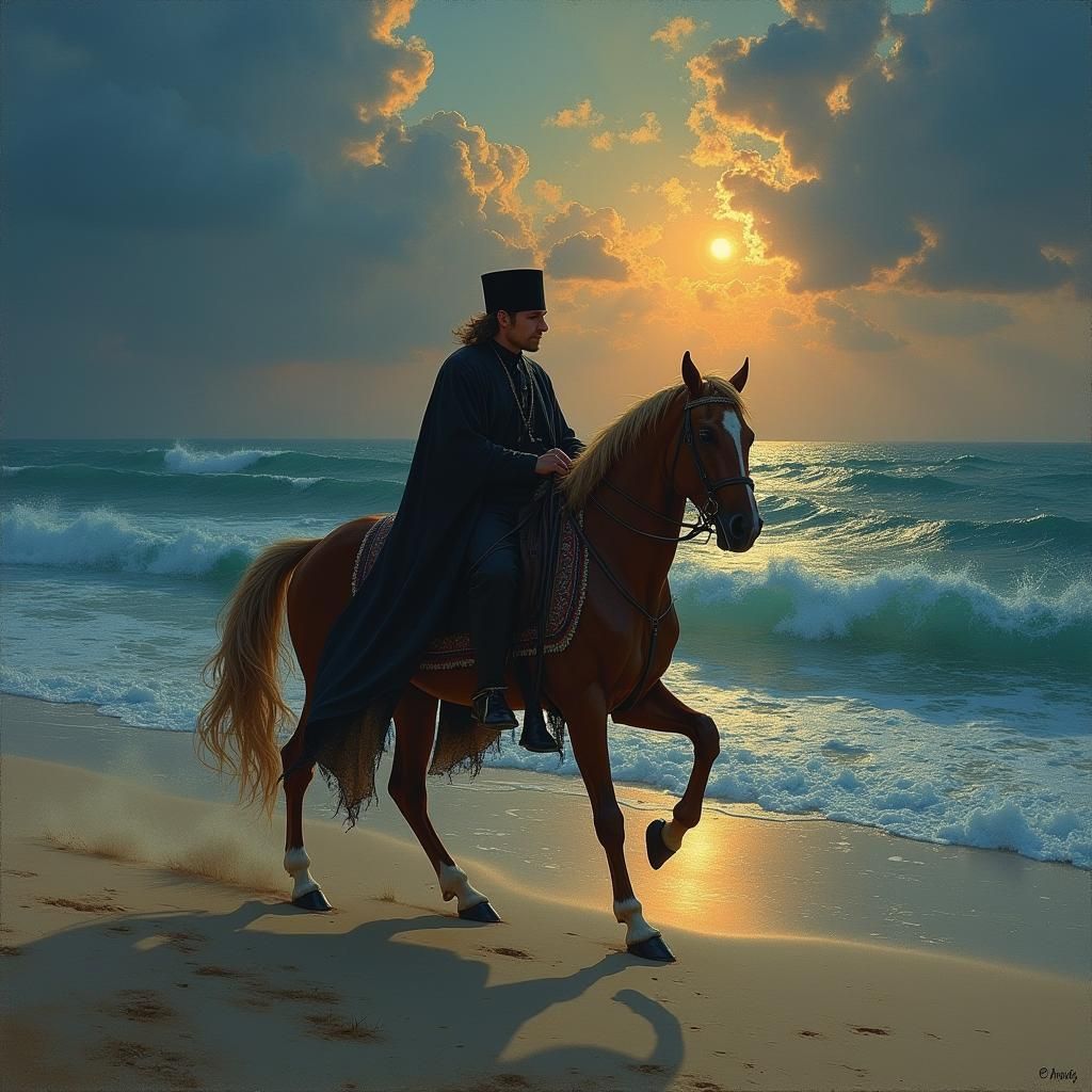 Russian Orthodox Clergy Ride Horses on Moonlit Beach