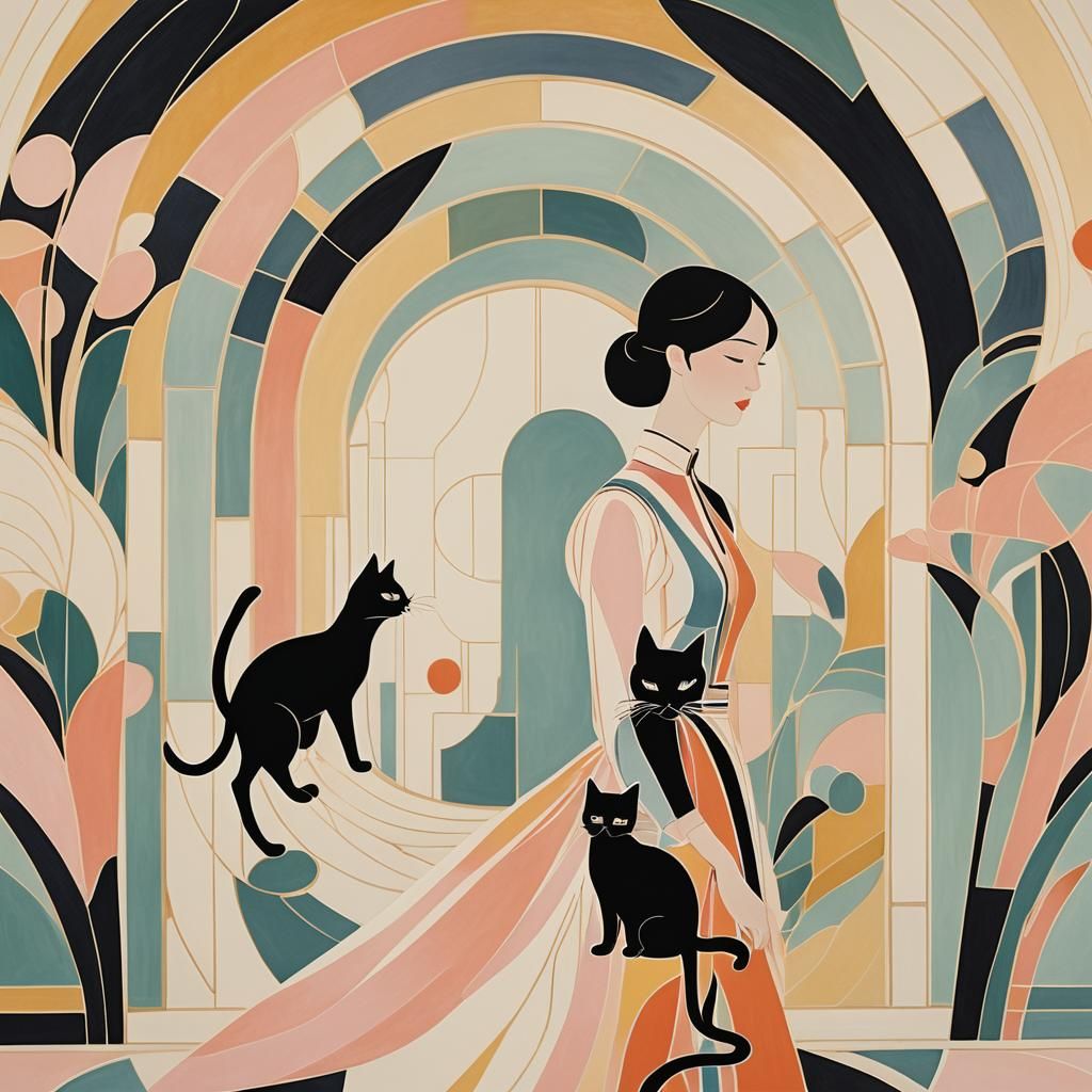 Elegant Girl and Cat in Art Nouveau Style